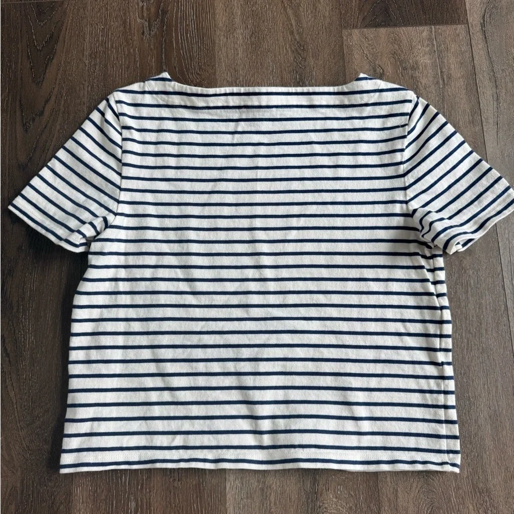 J. Crew top. White with blue stripes and gold buttons. Women’s size medium.
